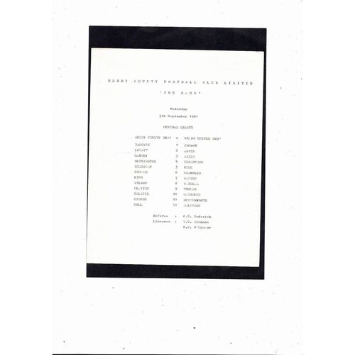 Derby County v Leeds United Central League Football Programme 1981/82