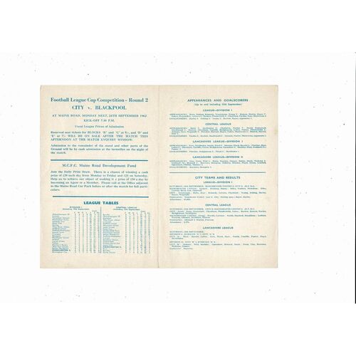 Manchester City v Blackpool Central League Football Programme 1962/63