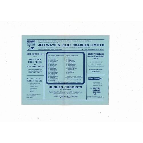 Wycombe Wanderers v Middlesbrough FA Cup Football Programme 1974/75