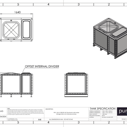 PW.1.5X1X1.IFB.DIV.AG(1+0.5) - 1500 LITRE DIVIDED SECTIONAL WATER TANK, INTERNALLY FLANGED BASE (IFB)