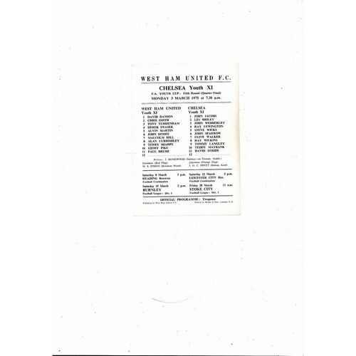 West Ham United v Chelsea FA Youth Cup Football Programme 1974/75