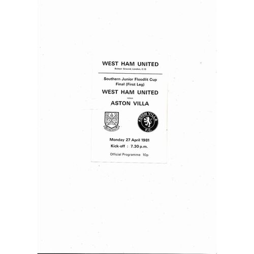 1980/81 West Ham United v Aston Villa Southern Jnr Cup Final Football Programme