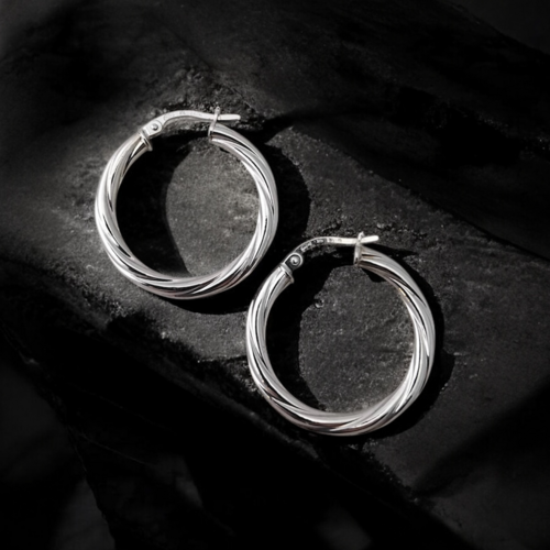 Mid size 9ct white gold twisted creole hoop earrings 