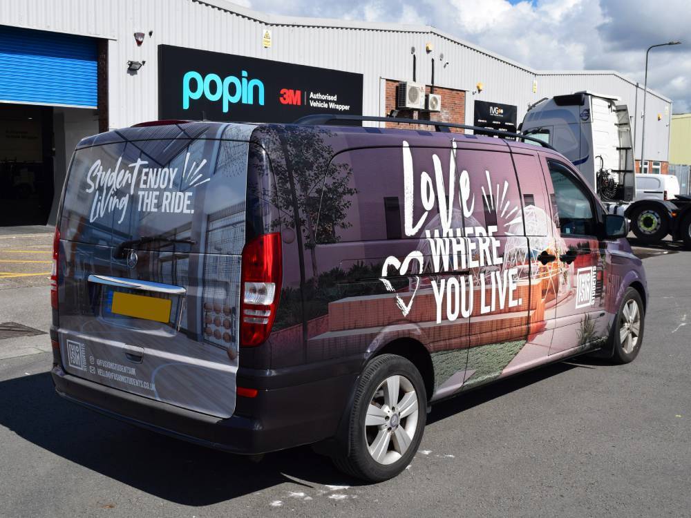 Fusion Students branded van wrap on Mercedes Vito outside Popin in Cardiff.