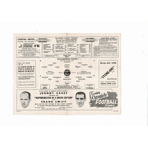 1949/50 Manchester United v Huddersfield Town Football Programme