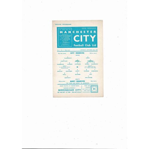 Manchester City v Bury Central League Football Programme 1960/61