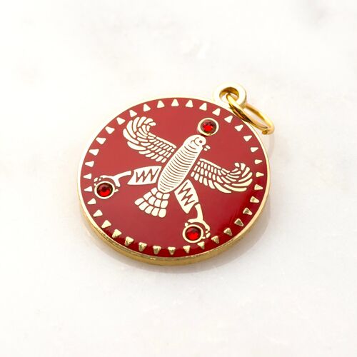 Round Pendant. The Persian Falcon. Deep Red with 3 Red Stones. Original Cyrus Falcon Shahbaz.