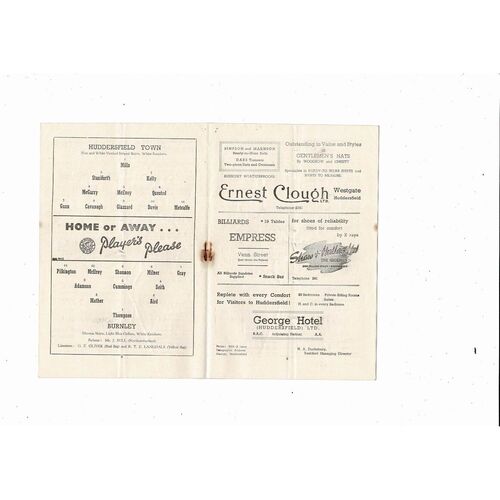 1953/54 Huddersfield Town v Burnley Football Programme