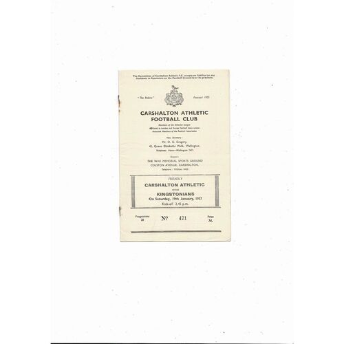 Carshalton Athletic v Kingstonians Friendly Football Programme 1956/57