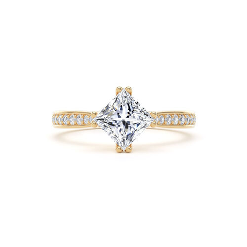 Princess cut double claw solitaire with diamond set shoulders 