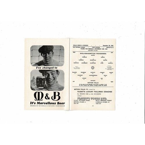 1964/65 Aston Villa v Wolves Football Programme