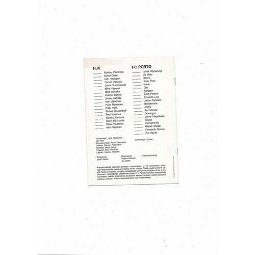 HJK Helsinki v Porto European Cup Football Programme 1988/89