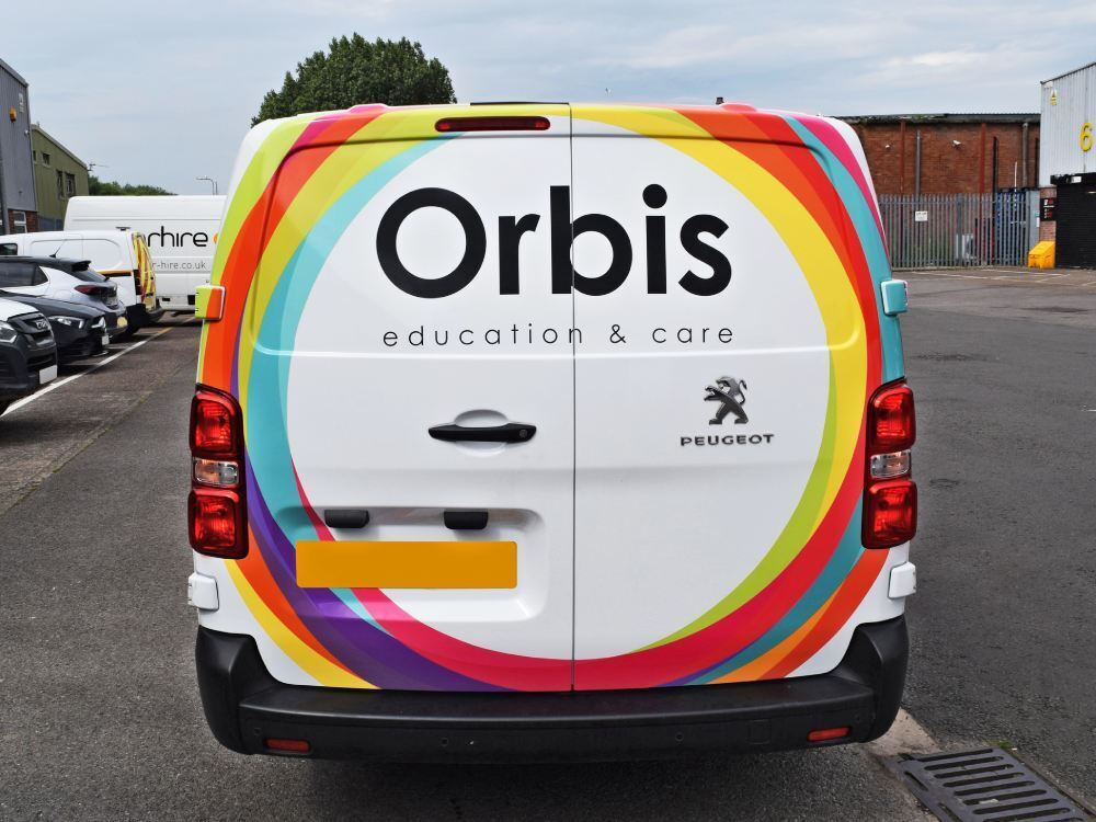 Partial van wrap on rear of an Orbis company Peugeot Expert.
