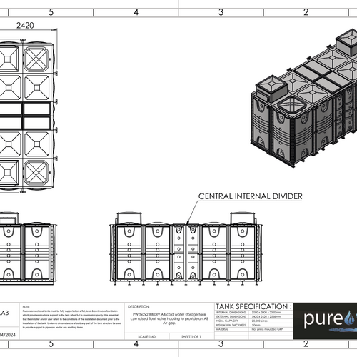PW.5X2X2.IFB.DIV.AB(2+2) - 20000 LITRE DIVIDED SECTIONAL WATER TANK, INTERNALLY FLANGED BASE (IFB) C/W FVH