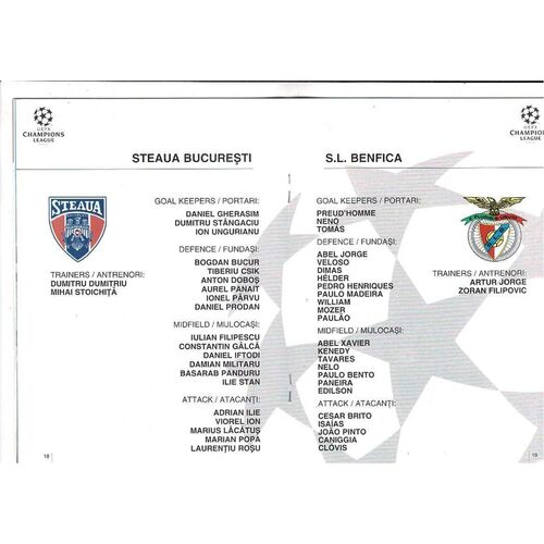 Steaua Bucharest v Benfica UEFA Champions League Football Programme 1994/95