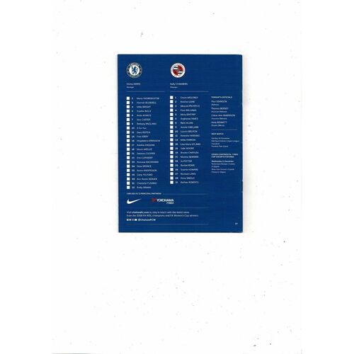 2019/20 Chelsea v Reading Womens League Cup Football Programme