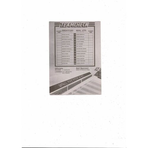 Brentford v Manchester United FA Youth Cup Football Programme 1988/89