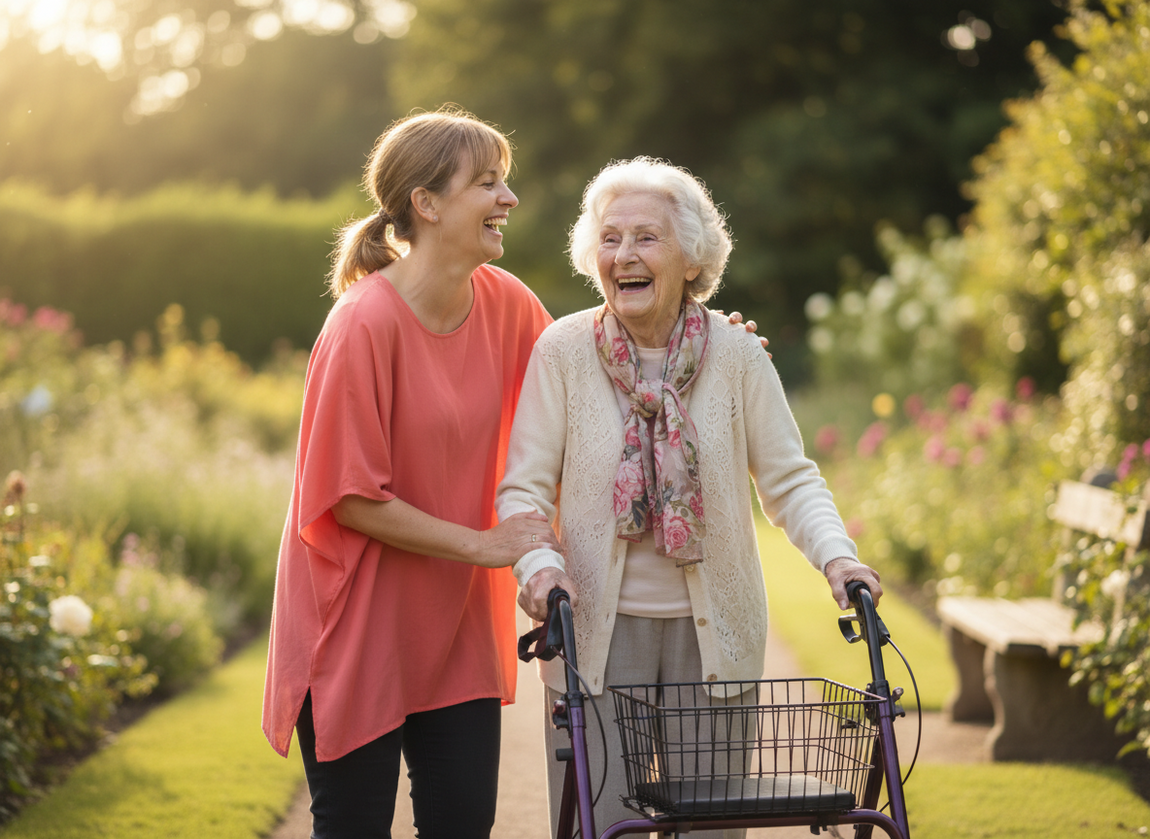 Wheeled walker elderly support, Dementia carer companionship Bristol, Mobility support outdoor care, Elderly walker carer Hanham, Home care mobility Bristol, Walking frame support elderly, Dementia care independence Bristol.
