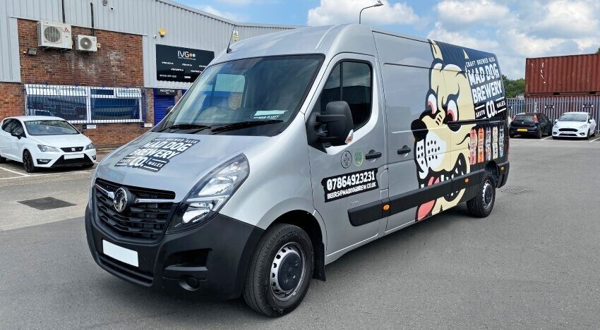 Silver Vauxhall Movano with Mad Dog Brewery van wrap and graphics.