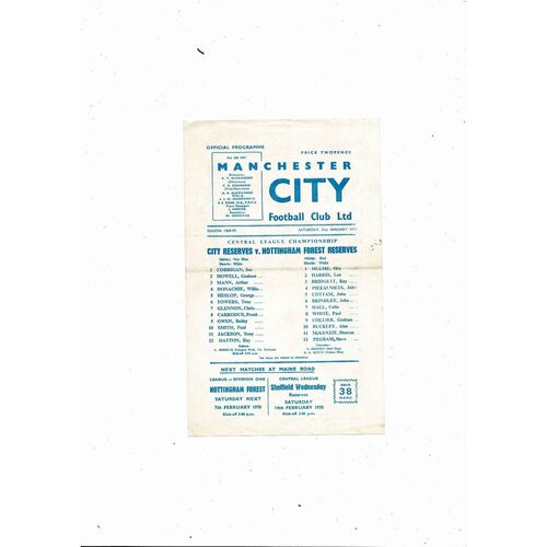 Manchester City v Nottingham Forest Central League Football Programme 1969/70