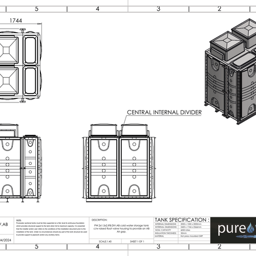 PW.2X1.5X2.IFB.DIV.AB(1+1) - 6000 LITRE SECTIONAL WATER TANK, INTERNALLY FLANGED BASE (IFB) C/W FVH