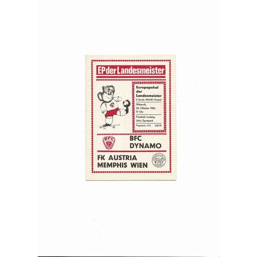 Dynamo Berlin v Austria Memphis European Cup Football Programme 1984/85