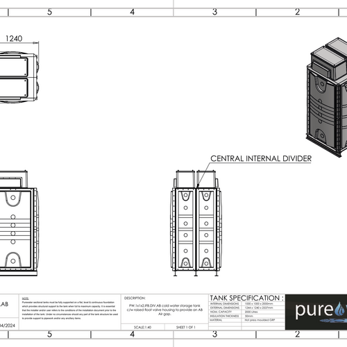 PW.1X1X2.IFB.DIV.AB(0.5+0.5) - 2000 LITRE SECTIONAL WATER TANK, INTERNALLY FLANGED BASE (IFB) C/W FVH