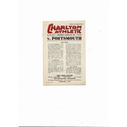 1952/53 Charlton Athletic v Portsmouth Football Programme