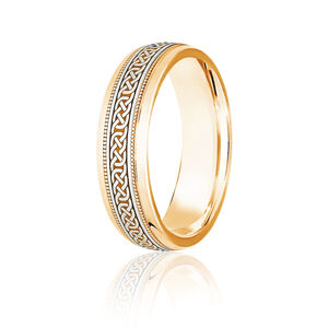 18ct 6mm TWO COLOUR diamond cut Celtic love knot design with mille-grain borders