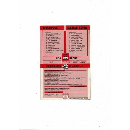Liverpool v CSKA Sofia European Cup Football Programme 1981/82