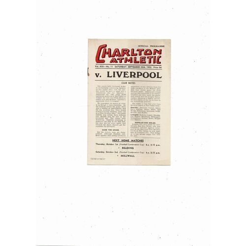1953/54 Charlton Athletic v Liverpool Football Programme