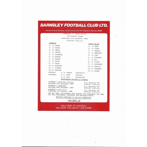 Barnsley v Leeds United Central League Football Programme 1985/86