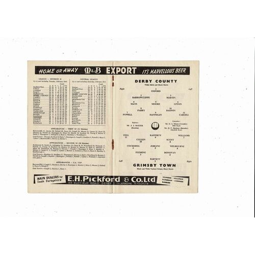 1958/59 Derby County v Grimsby Town Football Programme