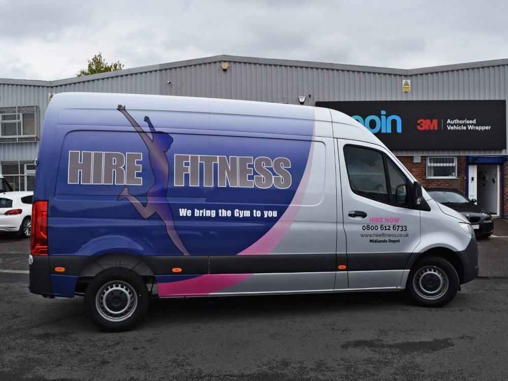 Hire Fitness branded van wrap on Mercedes Sprinter vehicle outside Popin in Cardiff.