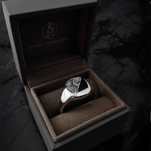 Engraved cushion shape silver signet ring