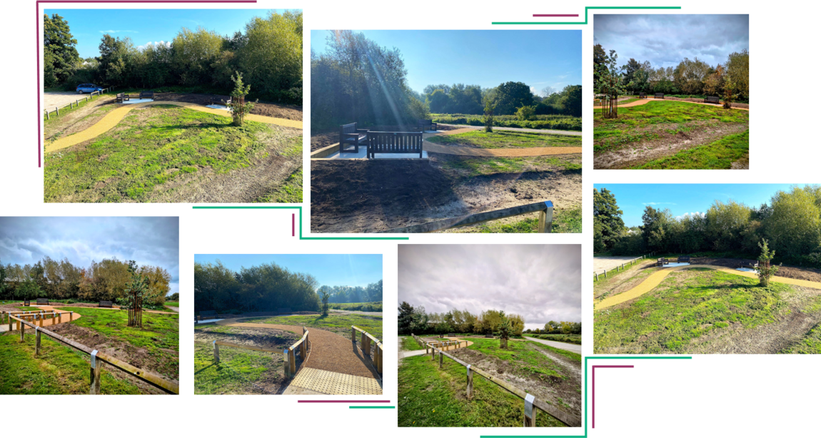 Photographs of Nature For Us All update, showing seating area and sensory path in place