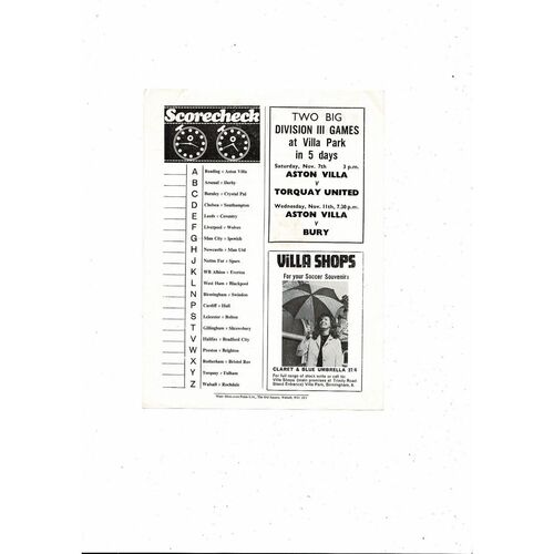 Aston Villa v Manchester City Central League Football Programme 1970/71