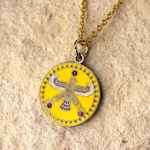 Round Pendant. The Persian Falcon. Deep Yellow with 3 White Stones.