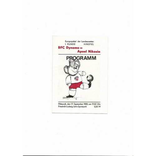 Dynamo Berlin v Apoel Nicosia European Cup Football Programme 1980/81
