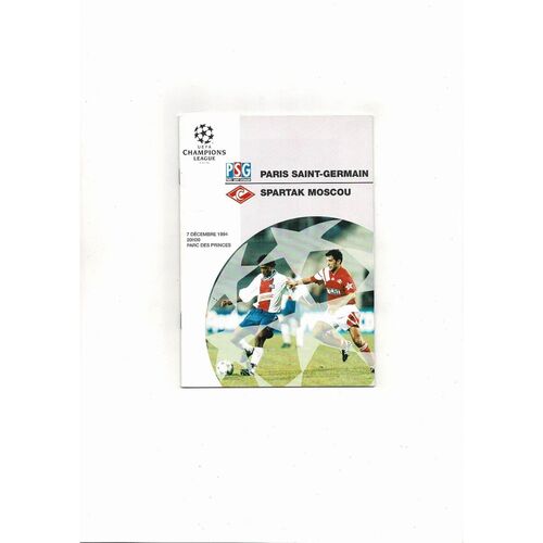 Paris St Germain v Spartak Moscow UEFA Champions League Football Programme 1994/95