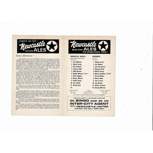 Newcastle United v Aberdeen Friendly Football Programme 1969/70