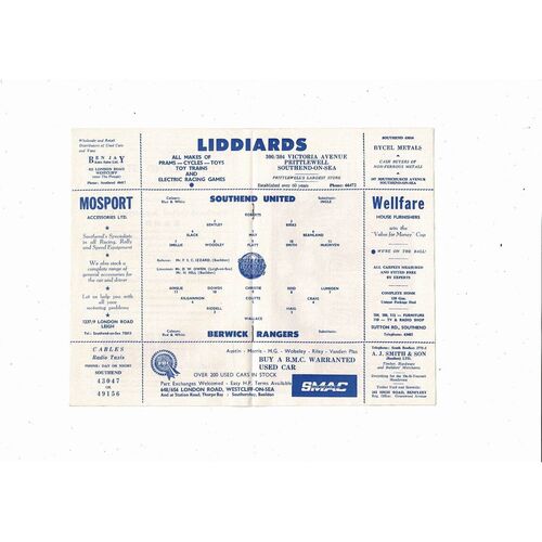 Southend United v Berwick Rangers Friendly Football Programme 1966/67