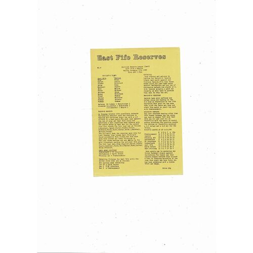 East Fife Reserves v Falkirk Reserves Football Programme 1985/86
