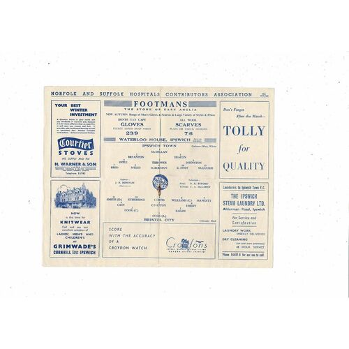 Ipswich Town v Bristol City Football Combination Football Programme 1957/58