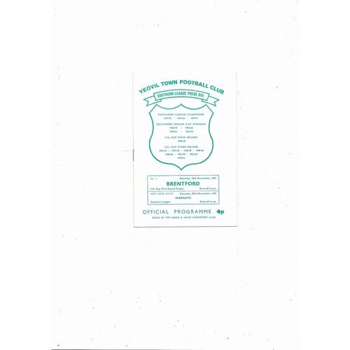 Yeovil Town v Brentford FA Cup Football Programme 1972/73