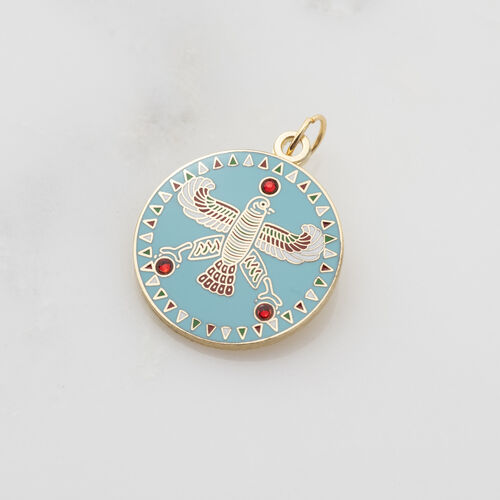 Round Pendant. The Persian Falcon.  Blue Turquoise with 3 Red Stones.