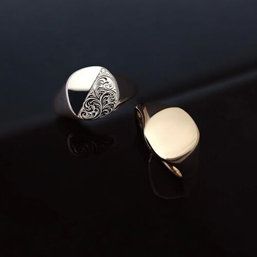 Engraved cushion shape silver signet ring