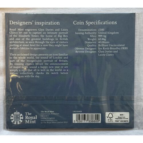 2015 Big Ben UK £100 Silver Coin - 62.86g