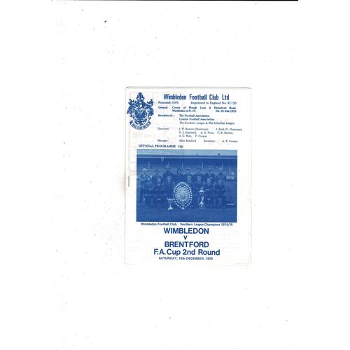 Wimbledon v Brentford FA Cup Football Programme 1975/76