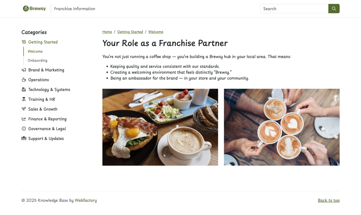 Brewsy Knowlegdebase showing a layout with images.